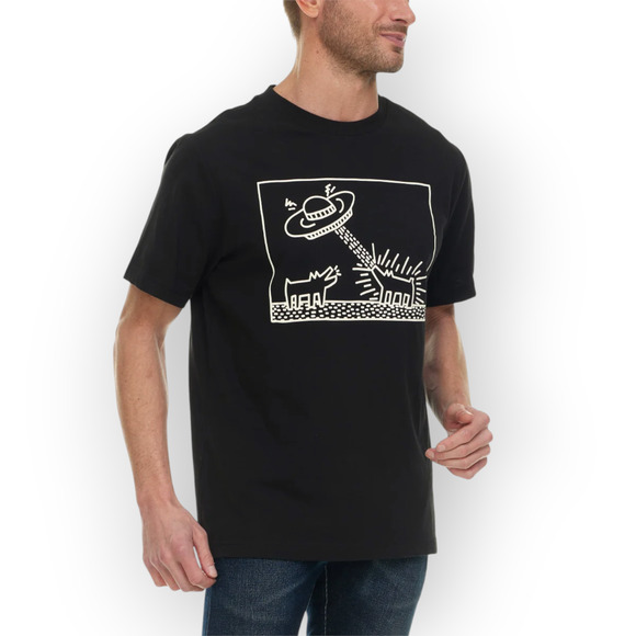 NEW XL Keith Haring Graphic Tee DOGS WITH UFO Black White Cotton - Picture 8 of 10